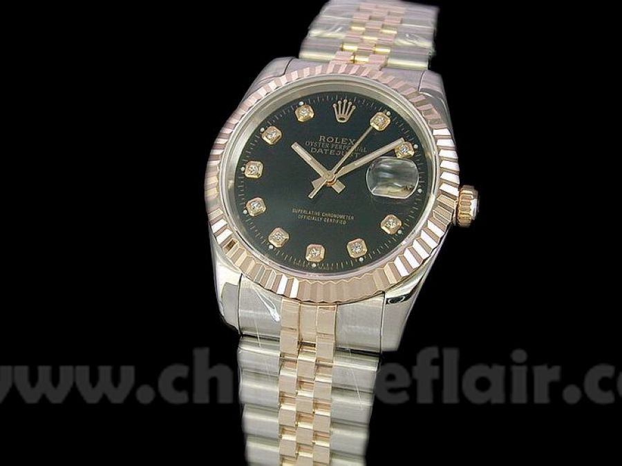 Clone Rolex Datejust 2-Tone Black Face Watch Diamond Markers
